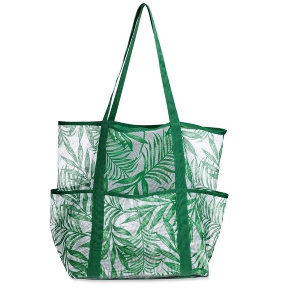 Green Tropical Leaf Printed Mesh Tote Bag - Picture 1 of 3